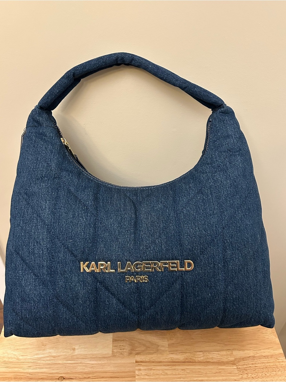 Karl Lagerfeld Quilted Dark Blue Denim Shoulder Bag with Gold Logo - Picture 4 of 16